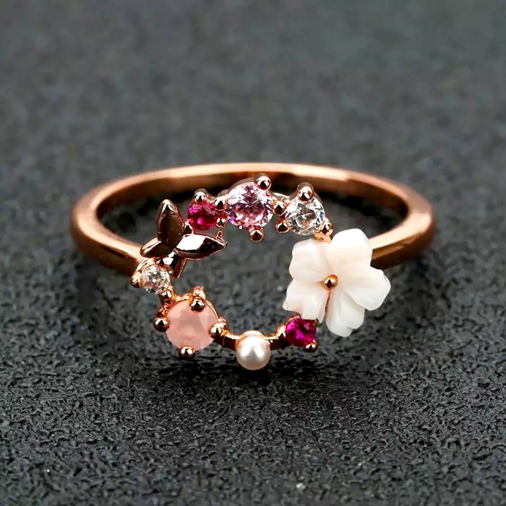 Rose gold flower butterfly ring pink Pearl 7 8 9 - Picture 1 of 5